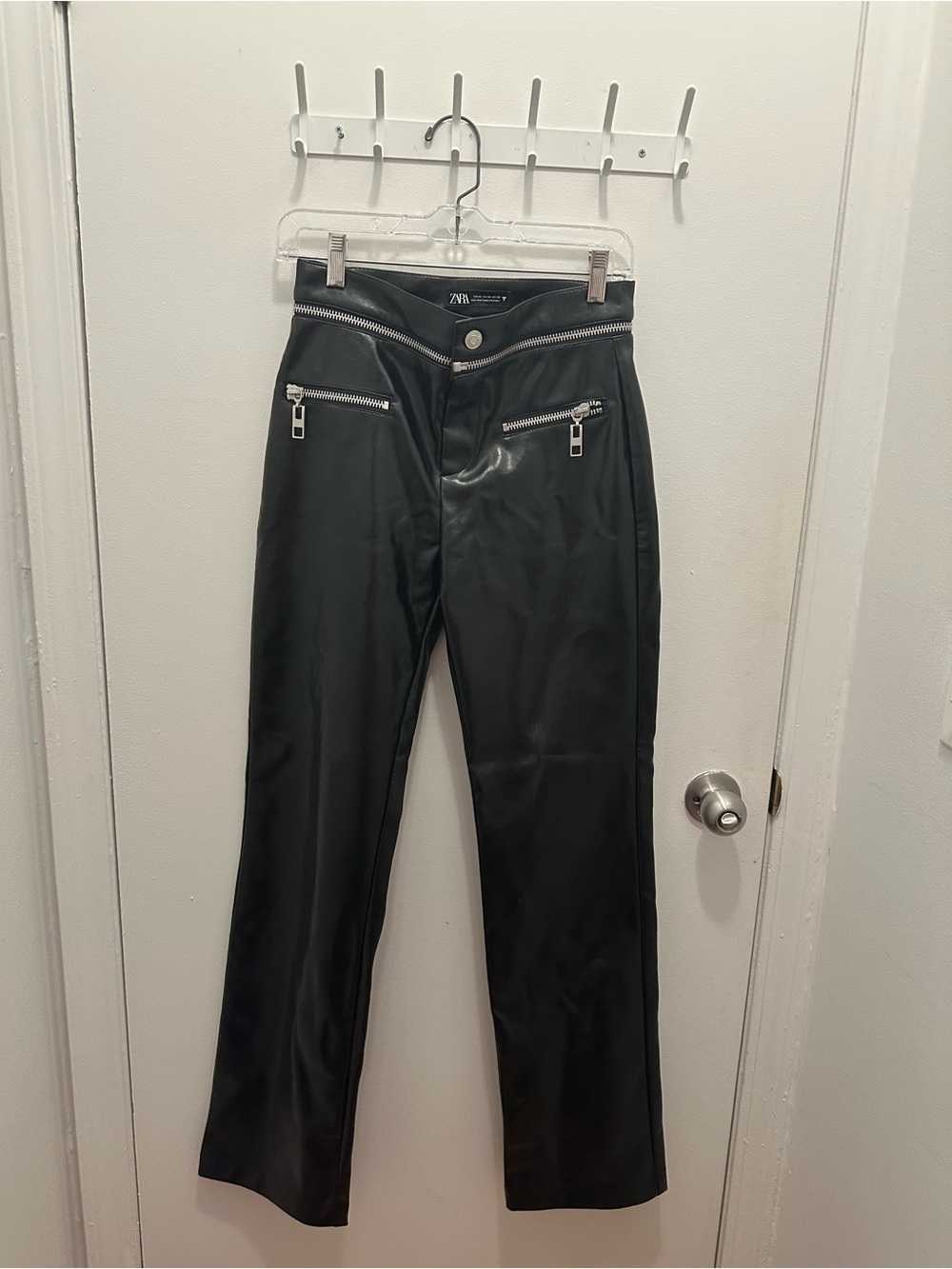 Zara Black Faux Leather Straight Leg Pants with Silver Zippers
